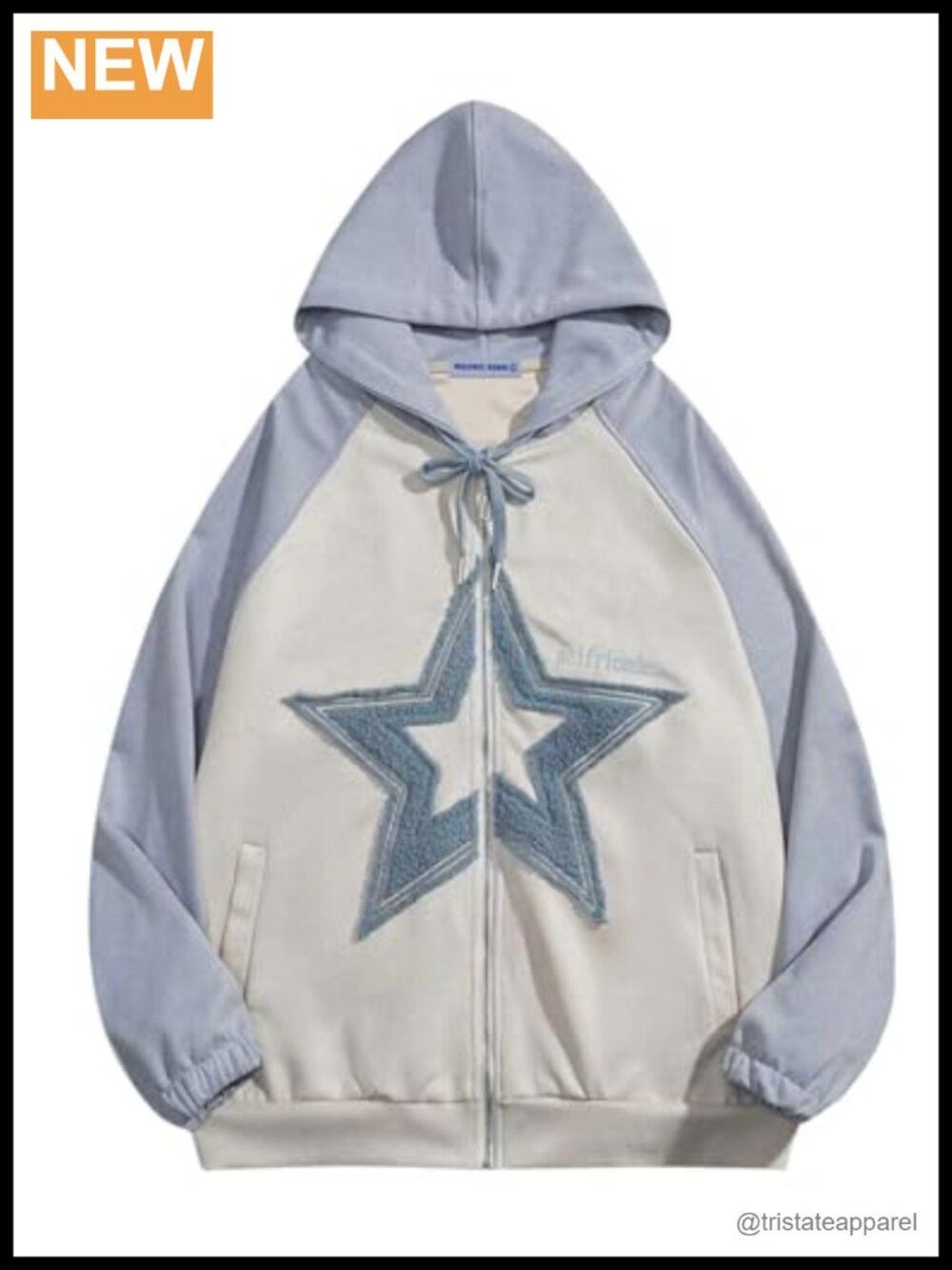 Suede Star Patchwork Full Zip Up Oversized Hoodie Streetwear